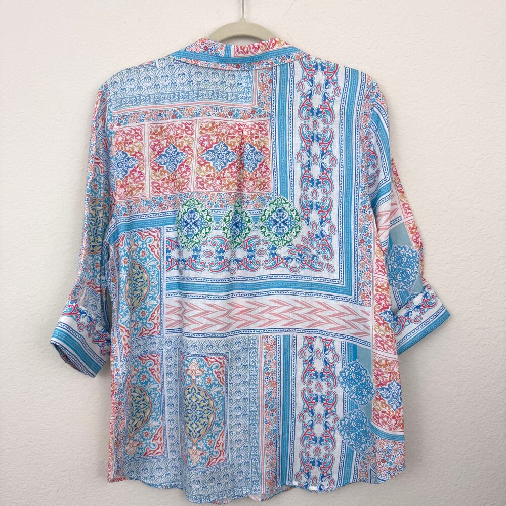Chico's Womens Button Shirt Top Size 12 100% Linen Summer Floral No Iron Blue - Picture 3 of 6